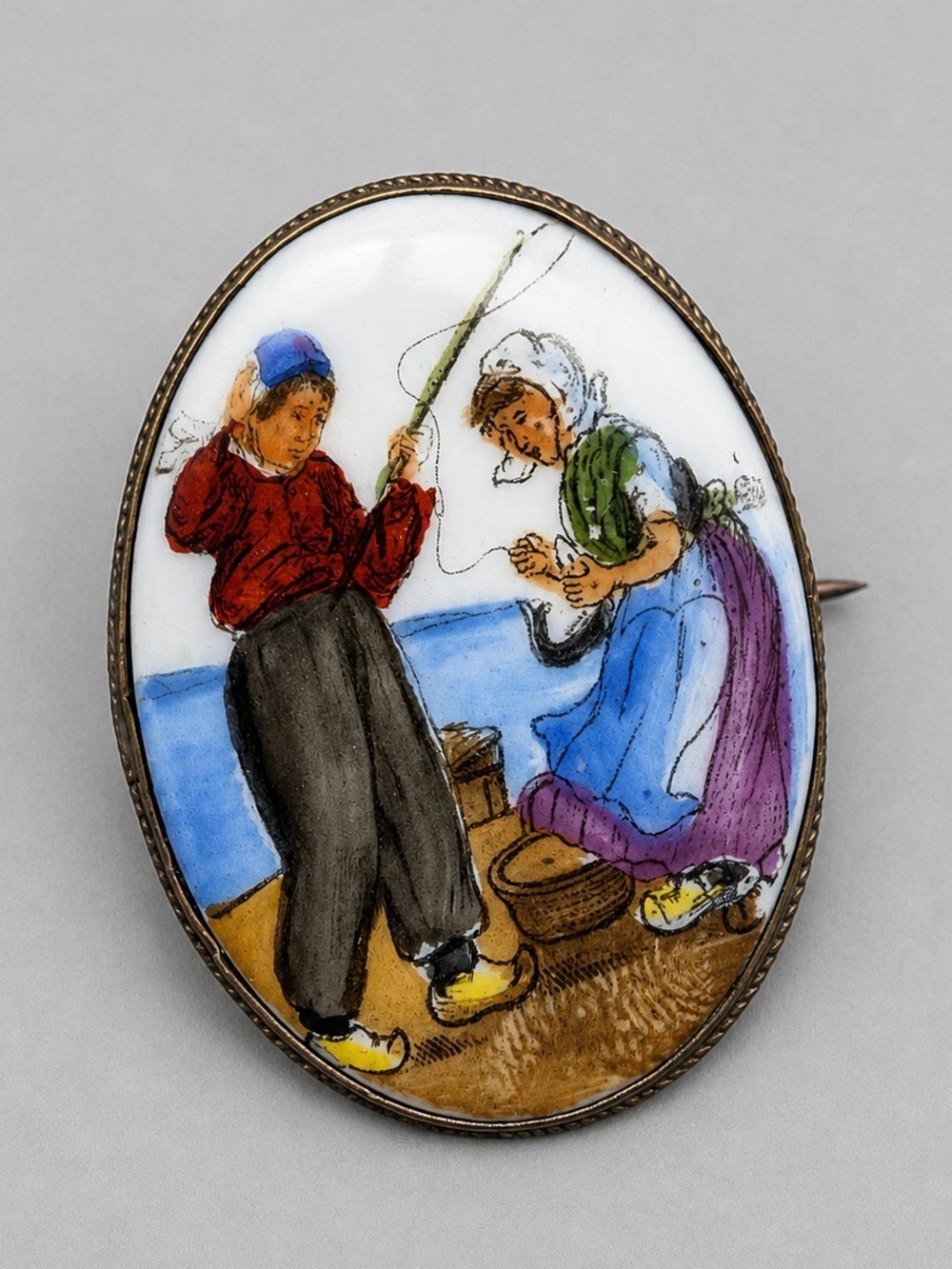 Vintage Hand Painted Brooch Dutch Kids Fishing #p07